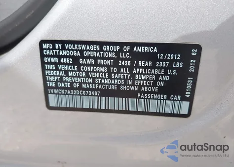 2013 Volkswagen Passat 2.0L Tdi Sel Premium из США, поврежденный, VIN 1VWCN7A32DC073467